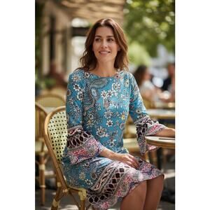 Reborn Blue Floral Print Bell Sleeve Dress
